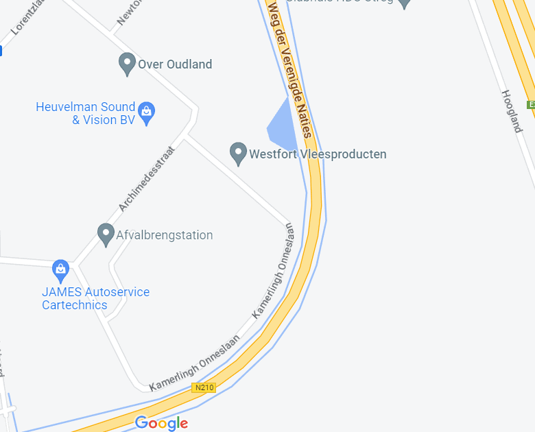 Bocht van de Weg der Verenigde Naties in IJsselstein ter hoogte van de Kamerlingh Onneslaan zoals te zien in Google Maps.