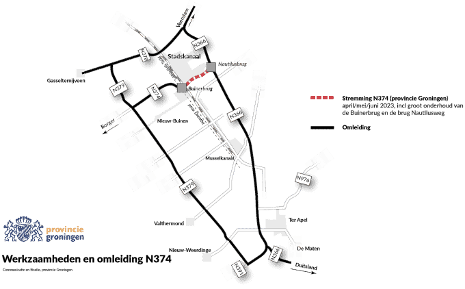 Kaartje met daarop de N379, N378, N374 en N366, waartussen zich Stadskanaal, Nieuw-Buinen en Musselkanaal bevinden. Hierop een rode stippellijn tussen de Buinerbrug en de Nautilusbrug, het deel waar volgens de begeleidende tekst tussen april en juni 2023 groot onderhoud plaatsvindt.