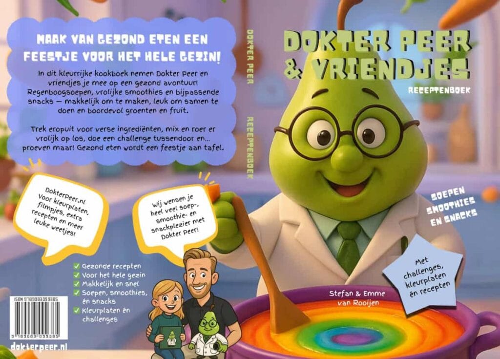 Omslag van het receptenboek Dokter Peer & vriendjes van Stefan & Emme van Rooijen. Rechts zie je de voorkant waarop een animatiefiguur met een hoofd in de vorm van een peer met bril op en een witte jas aan in een pan met regenboogkleuren staat te roeren. Links zie je de achterkant met tekst.